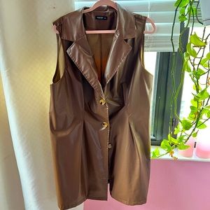 Brown Pleather Lapel Neck Coat